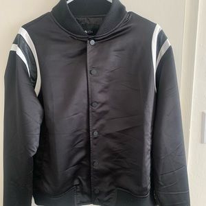 Small, Black bomber jacket, with white stripe design